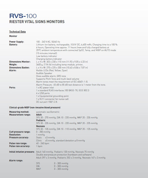 Riester RVS-100 Vital Signs Monitor with NIBP, SpO2, Thermometer, and  Printer (1960-RRBPU)